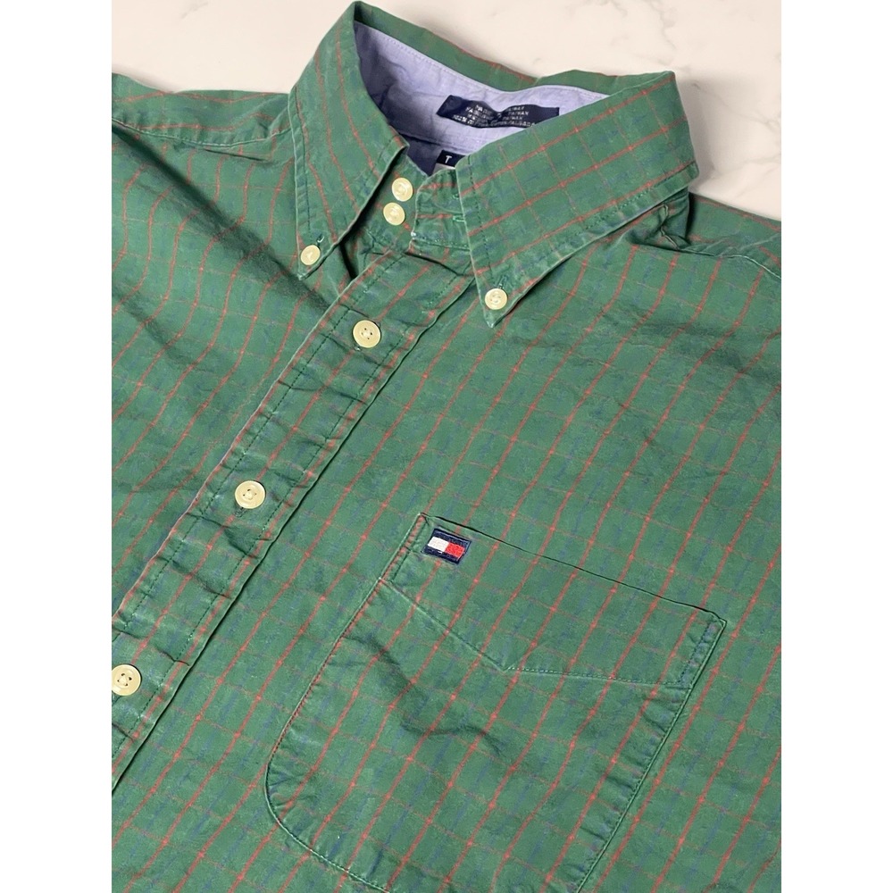 Vintage 1990s Tommy Hilfiger Jeans Flag Logo Green Plaid Checkered Button Up (L)